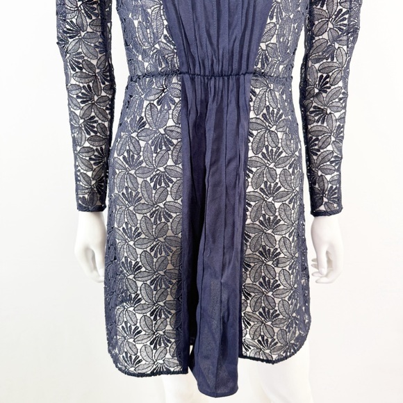 Maje Navy Blue REPINE Lace Mini Dress Size 4 Long Sleeve Formal Sheer Cocktail - Picture 6 of 11
